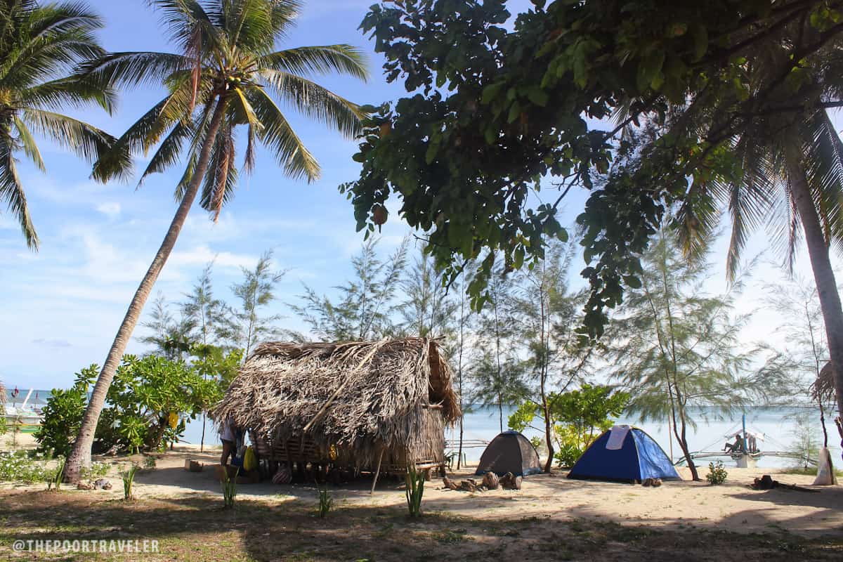 海滩上有几间小屋，但大多数人都自带帐篷。