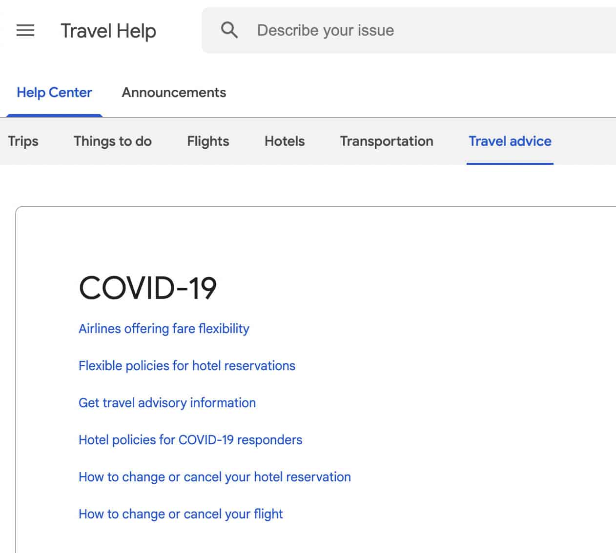 Google Travel帮助页面